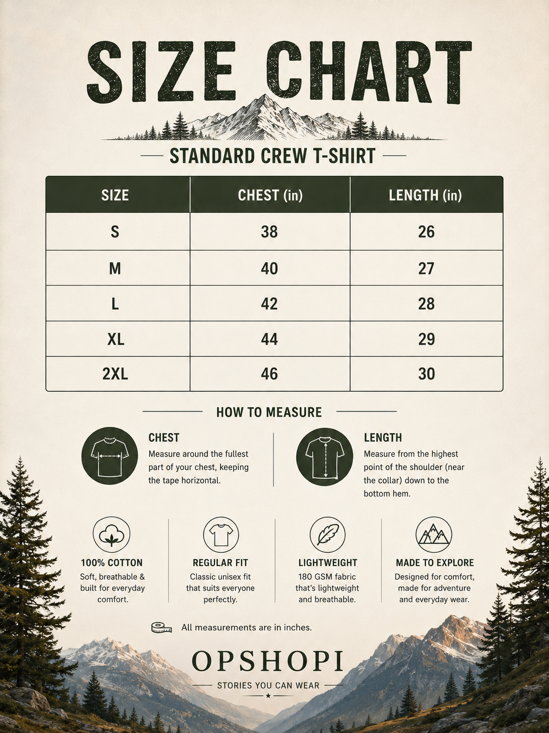 Adventure Awaits regular fit T-shirt size chart showing chest and length measurements.