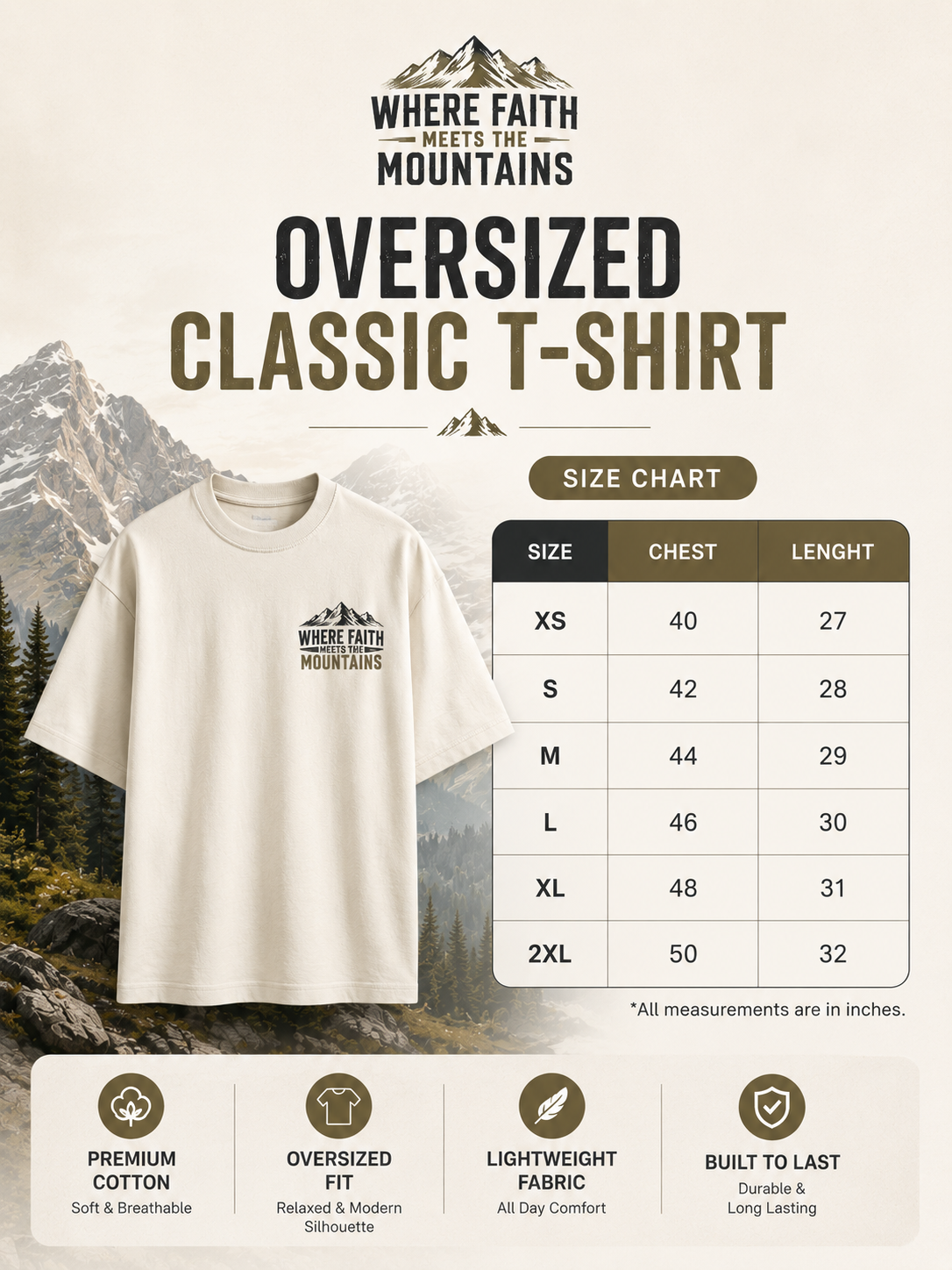 Oversized classic t-shirt with size chart and mountain-themed design on a white background