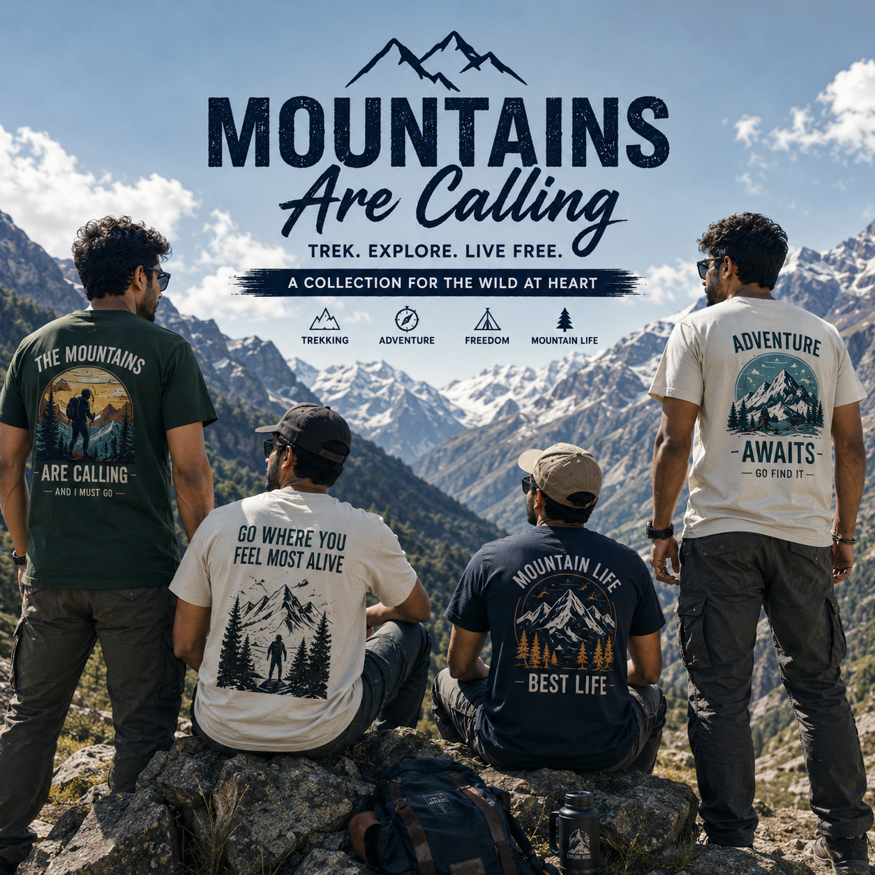 Trekking Collection by OPSHOPI featuring premium oversized graphic t-shirts with mountain, hiking, camping, and adventure-inspired designs worn by outdoor explorers.