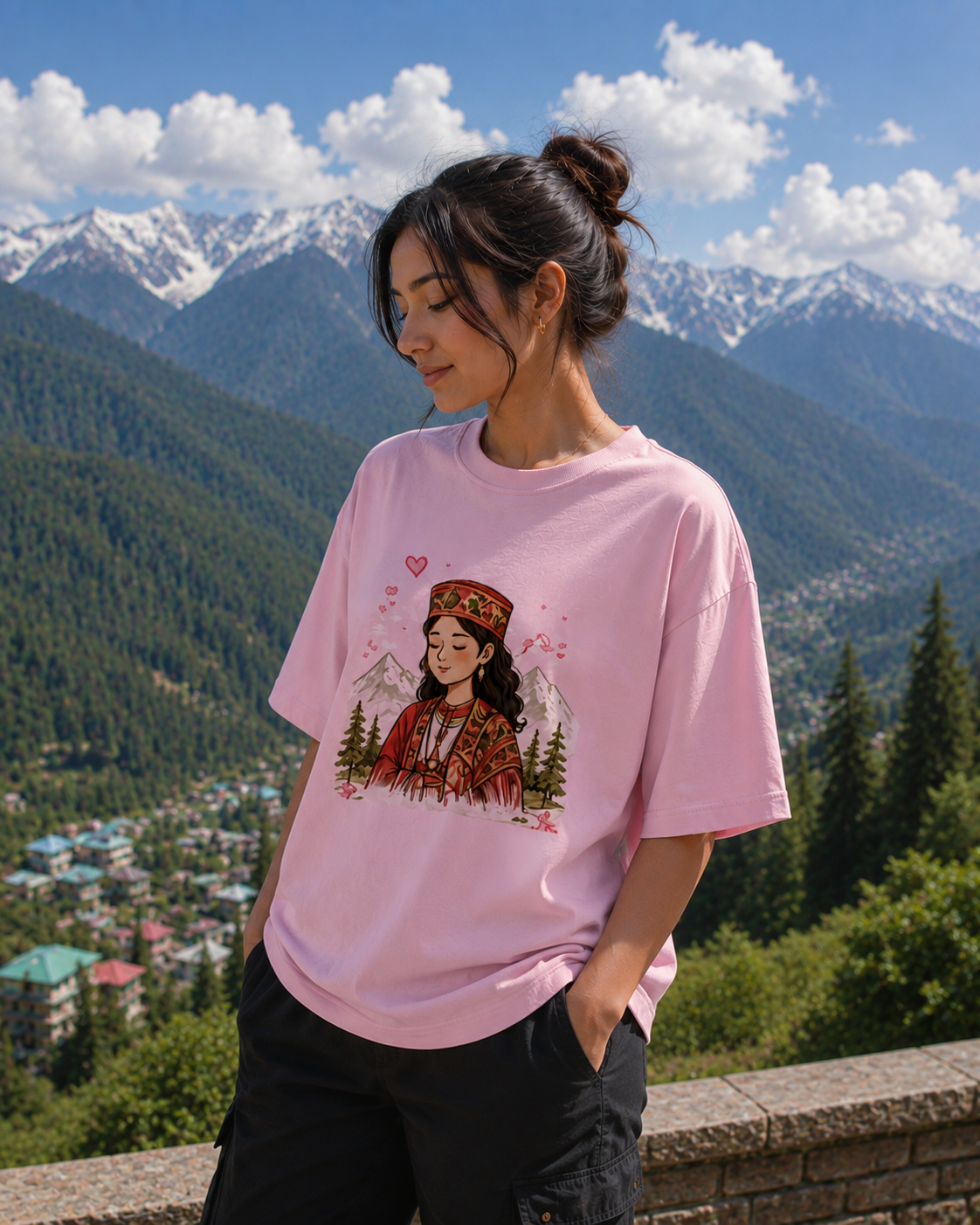 Himachali Girl Heritage Graphic Oversized T-Shirt | Chamba Culture Cotton Tee