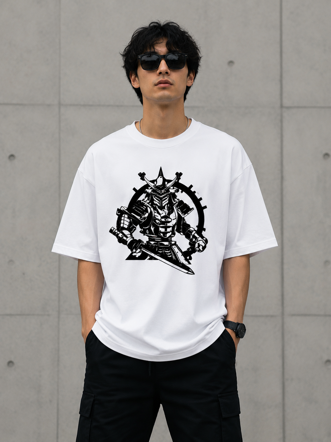 Person wearing a white t-shirt with a black graphic design against a gray concrete wall.