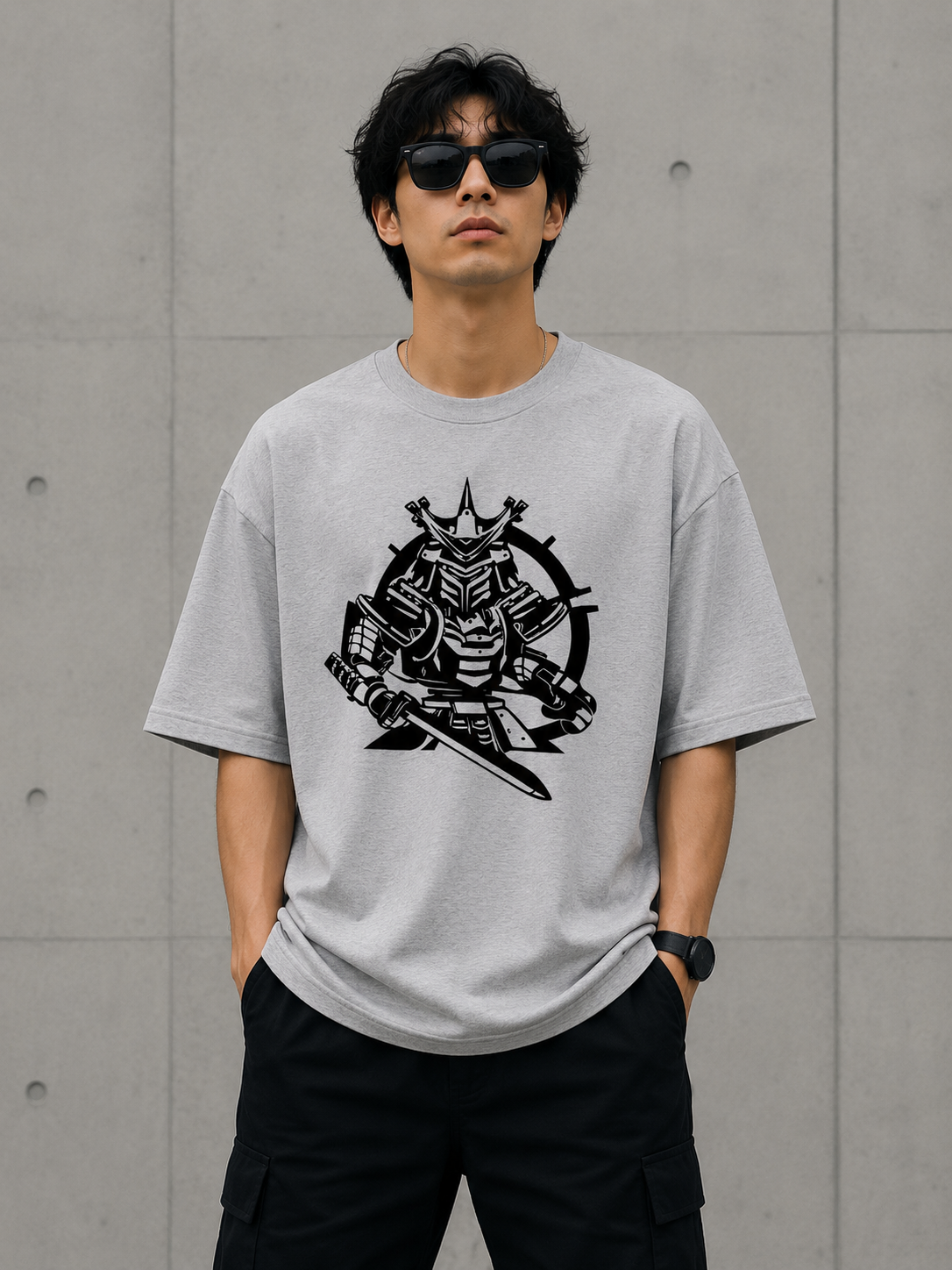Man wearing a gray t-shirt with a black graphic design against a gray wall.
