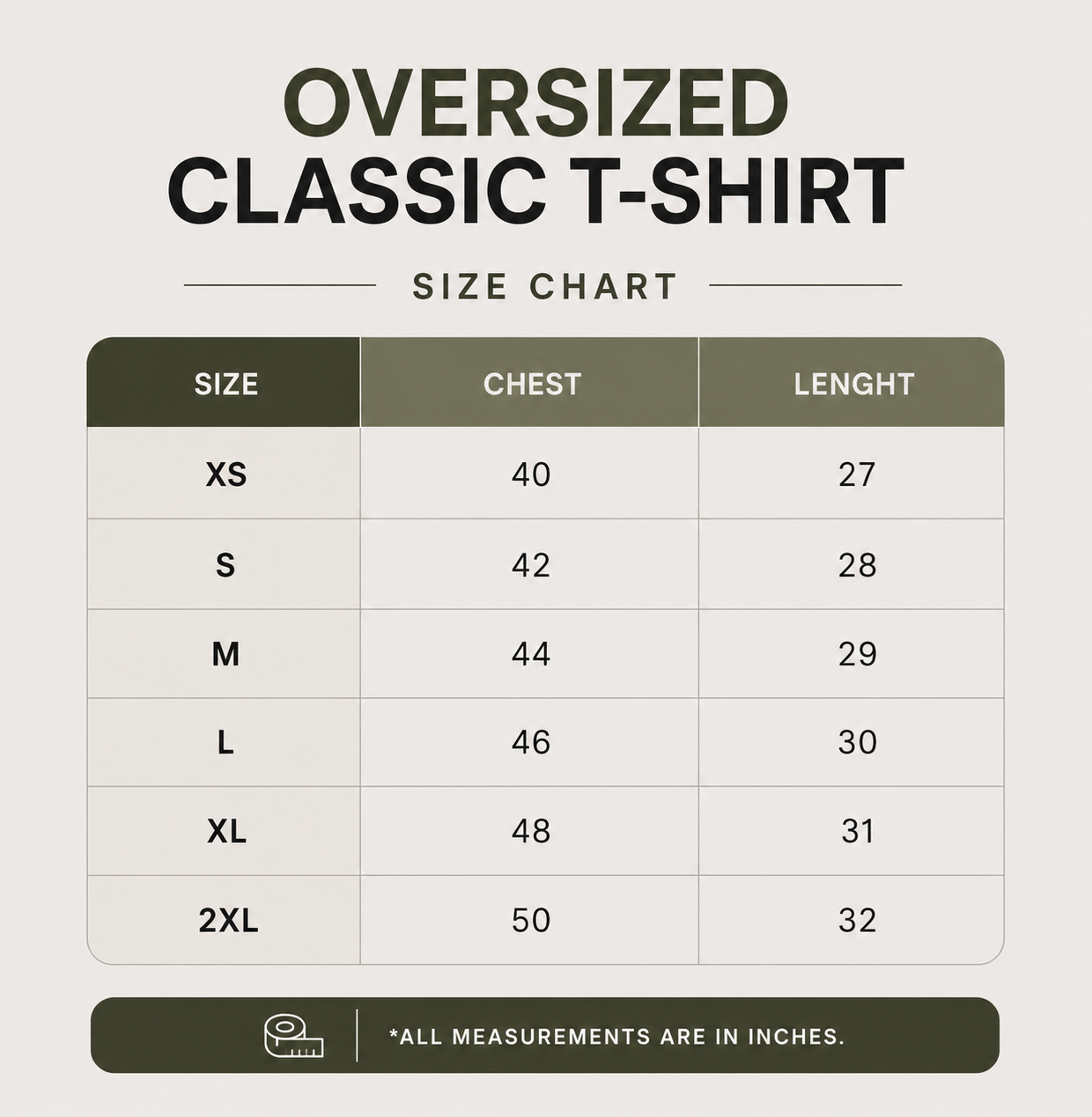 Oversized classic t-shirt size chart with measurements in inches.
