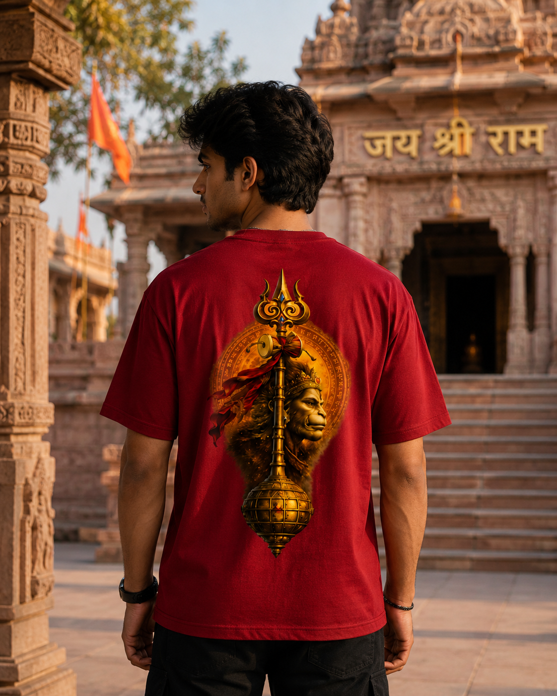 Person wearing a red t-shirt with a lion emblem in front of a temple.