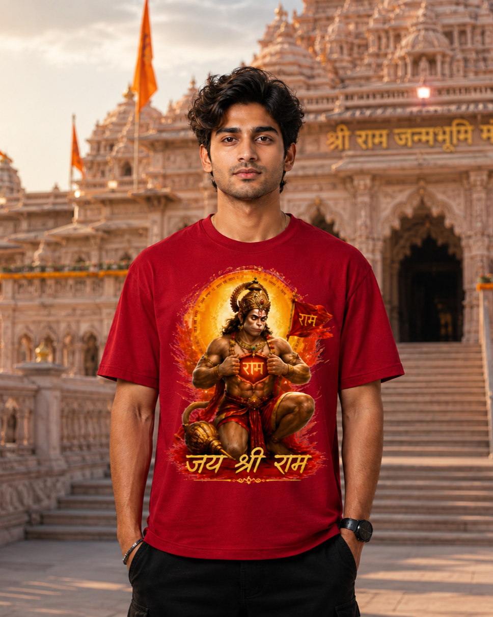 Man wearing a red t-shirt with a graphic design in front of a temple.