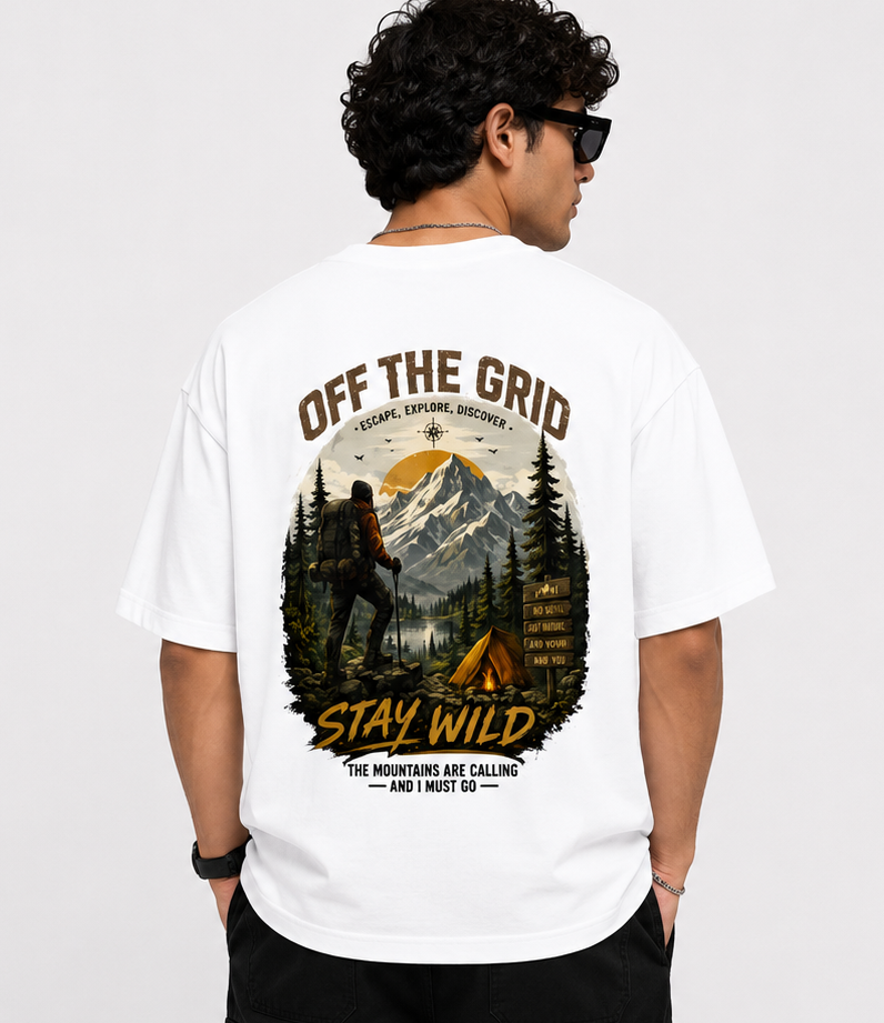 Person wearing a white t-shirt with a nature-themed graphic and text on the back.