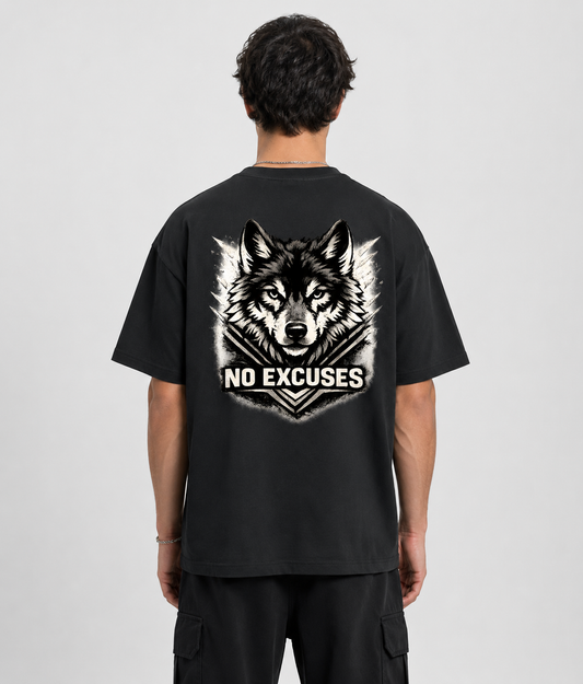 Person wearing a black t-shirt with a wolf graphic and 'NO EXCUSES' text on the back.