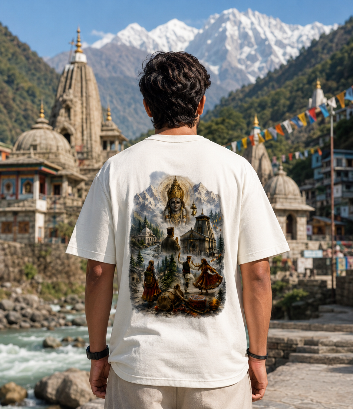 Person wearing a white t-shirt with a mountain and temple design, standing in front of a scenic mountain landscape.