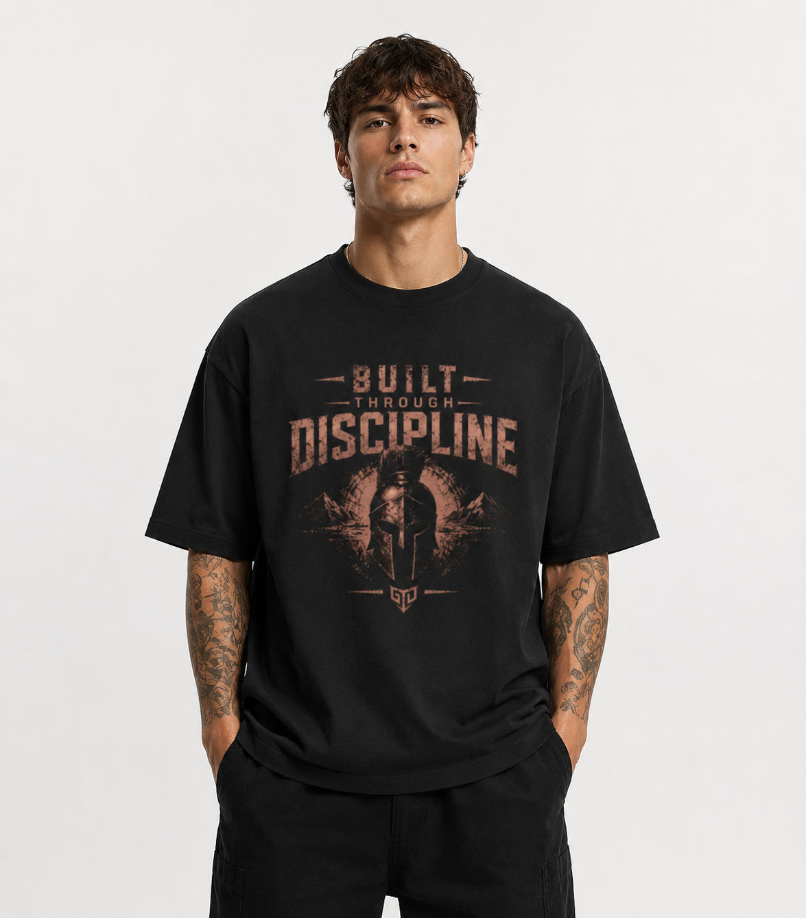 Man wearing a black t-shirt with 'Built Through Discipline' text and graphic on a white background