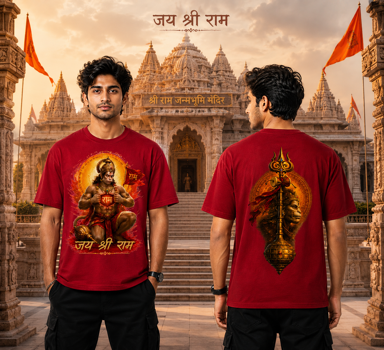 Two men wearing red t-shirts with Hindu religious symbols in front of a temple.