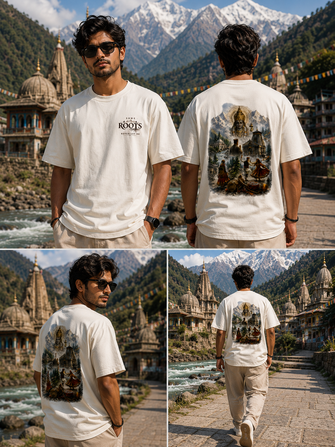 Person wearing a white t-shirt with a scenic back print in a mountainous village setting.