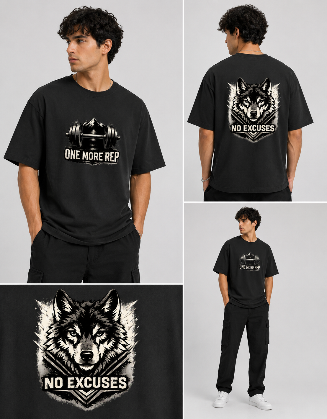 Black t-shirt with 'One More Rep' and 'No Excuses' graphics on a gray background