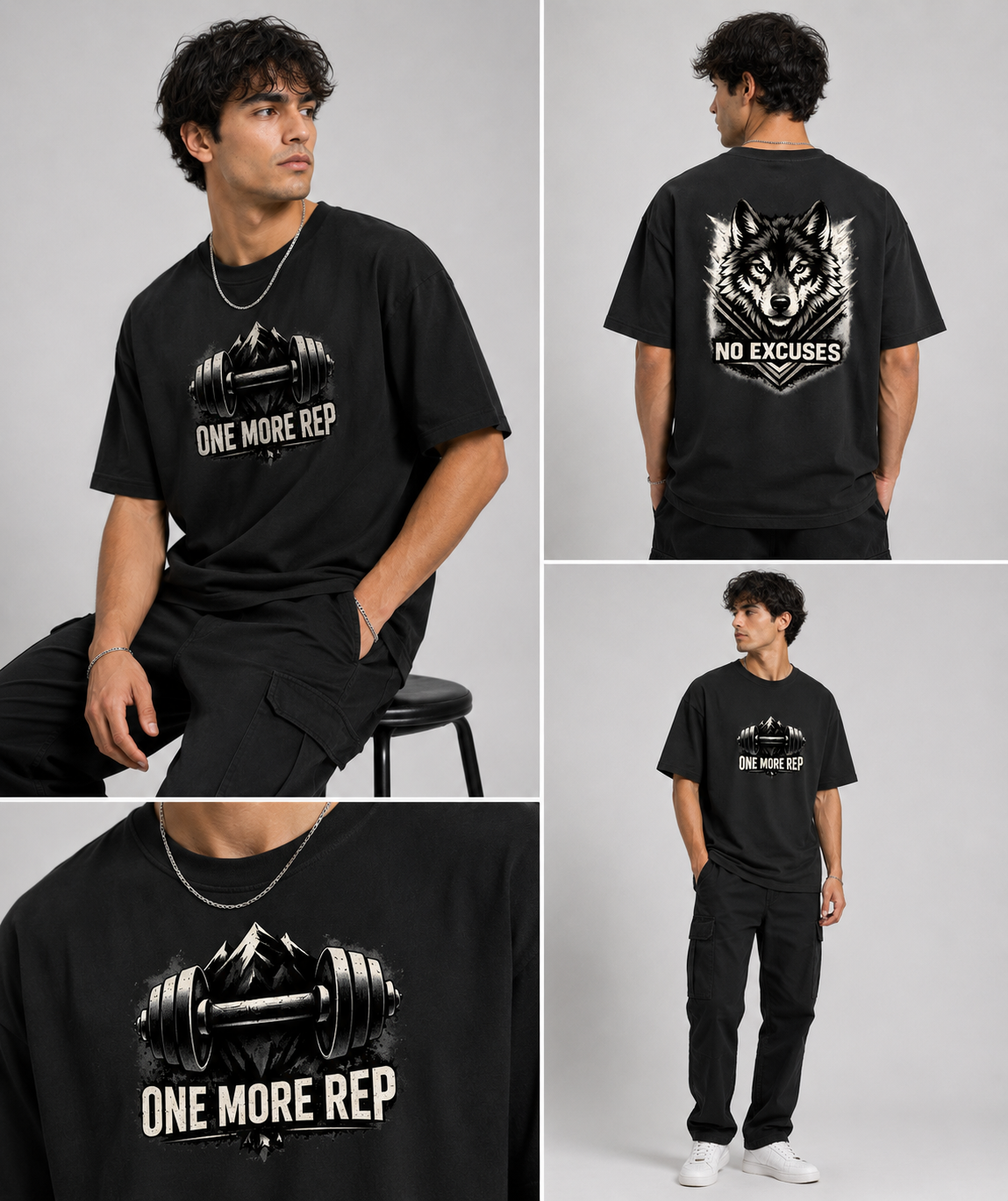 Black t-shirt with fitness-themed graphics and text worn by a person on a gray background