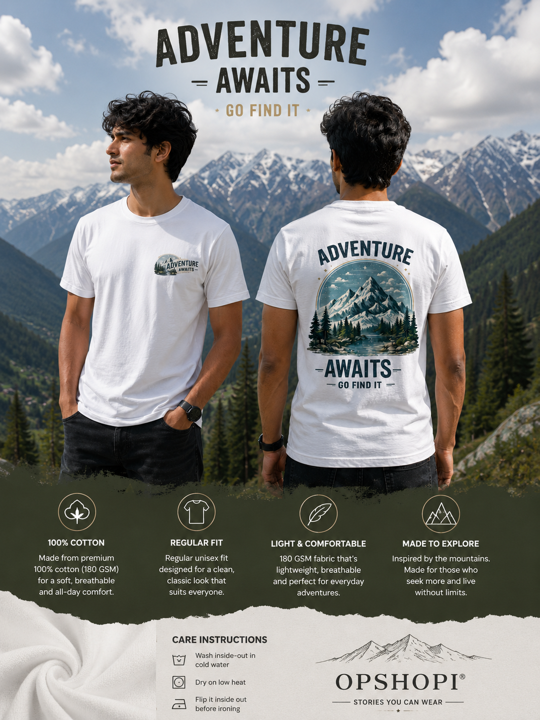 Male model wearing Adventure Awaits mountain graphic T-shirt in the Himachal mountains.