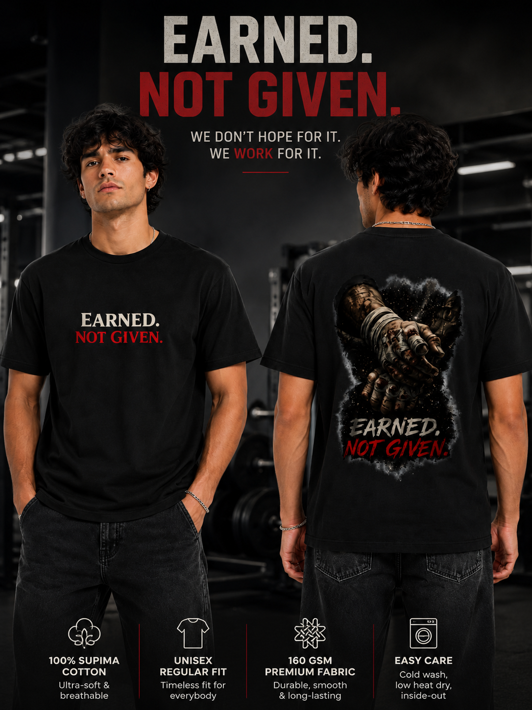 Person wearing a black t-shirt with 'Earned. Not Given.' text and graphic design.