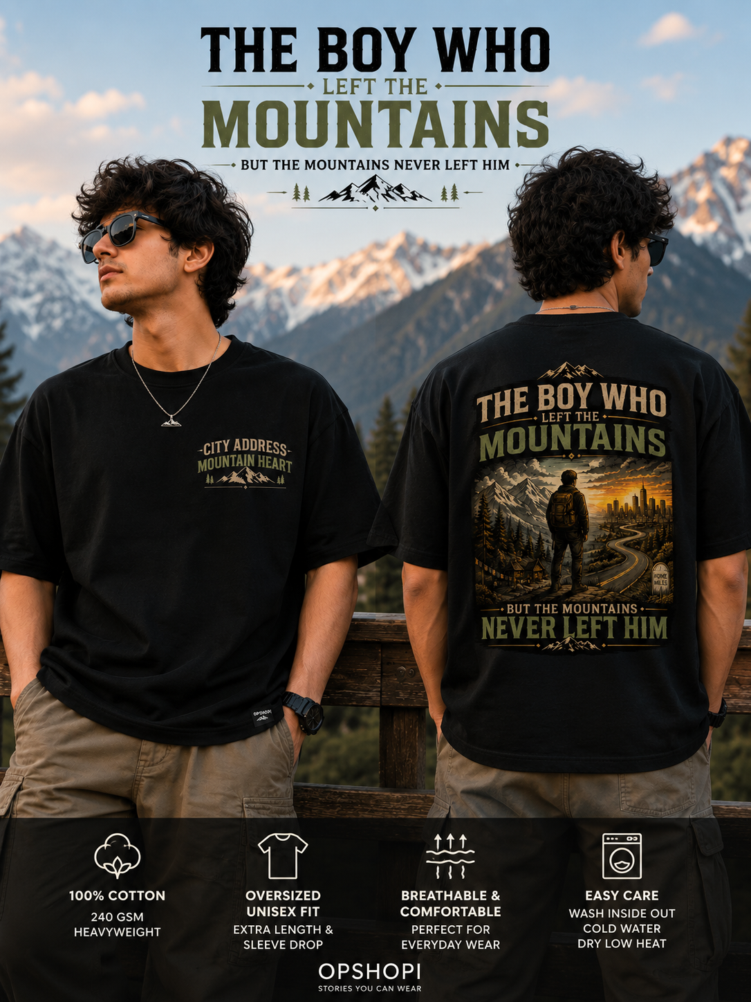 Two people wearing black t-shirts with mountain-themed designs and text, set against a mountainous landscape.