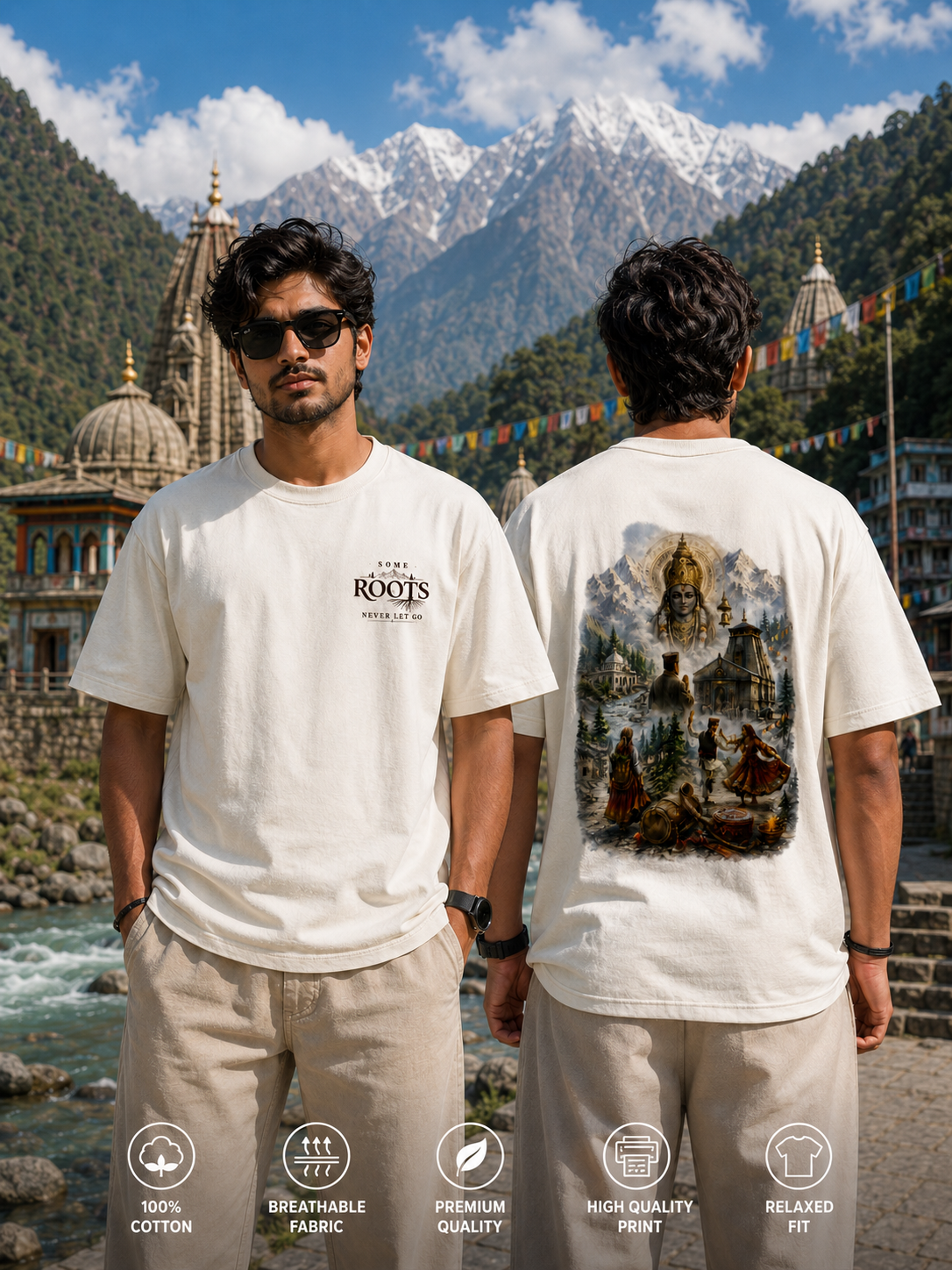 Two men wearing white t-shirts with mountain-themed designs in a scenic location.