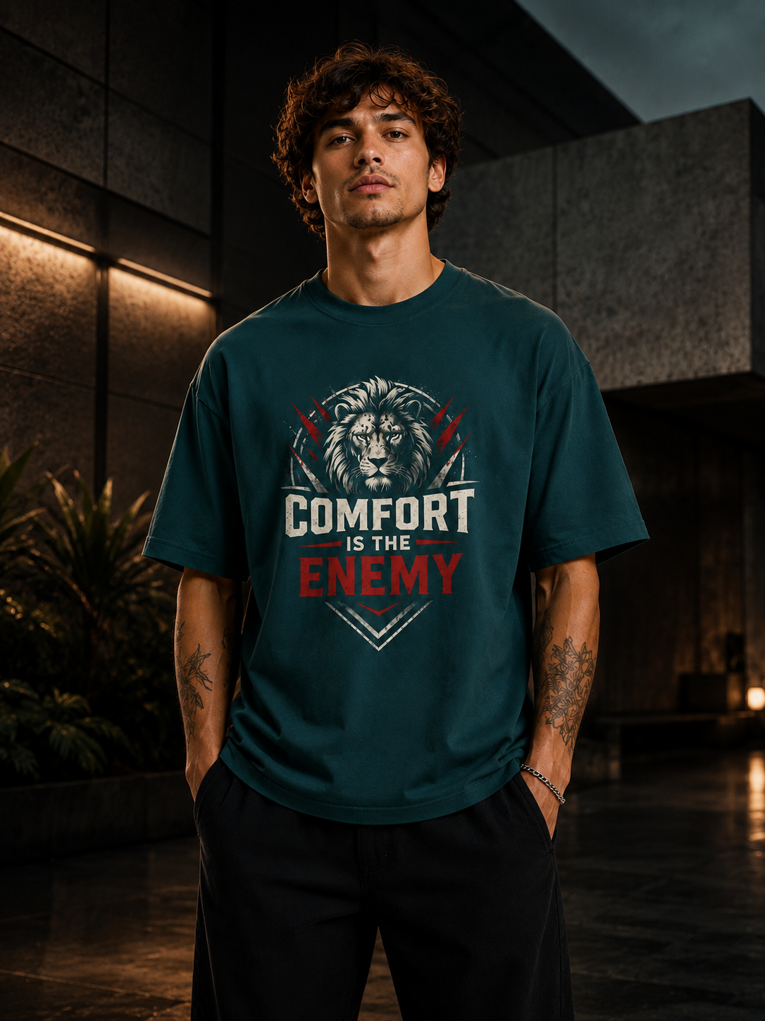 Person wearing a teal t-shirt with a graphic design and text outdoors.