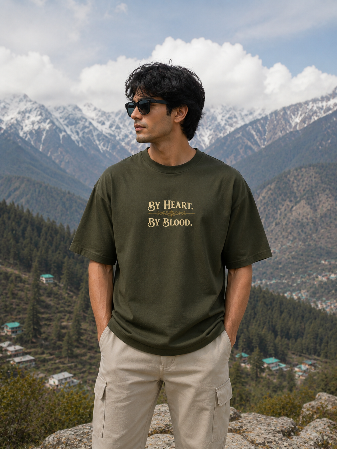 Man wearing a green t-shirt with text in a mountainous landscape