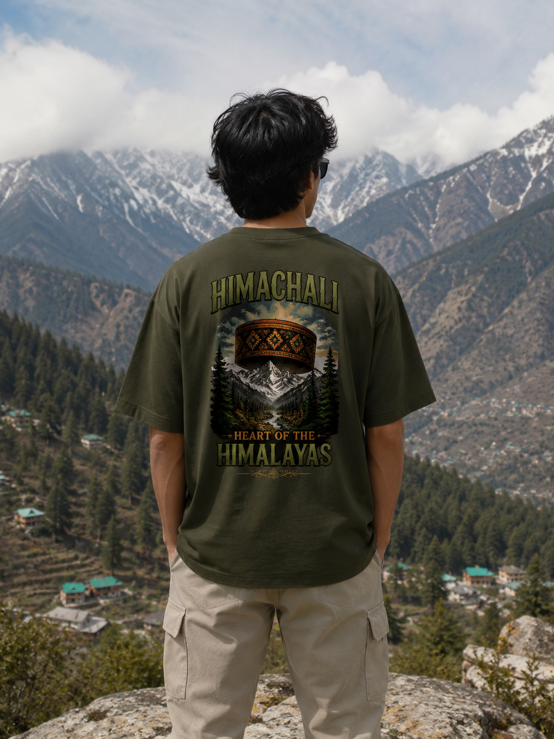 Person wearing a green t-shirt with 'Himachal' and 'Heart of the Himalayas' design, standing against a mountainous landscape.