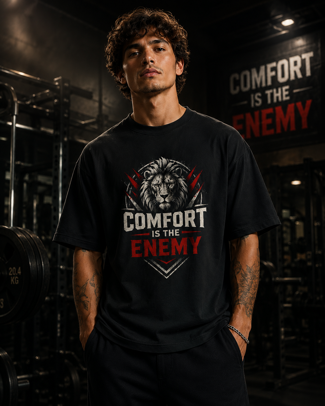 Person wearing a black t-shirt with a lion graphic and 'Comfort is the Enemy' text in a gym setting.