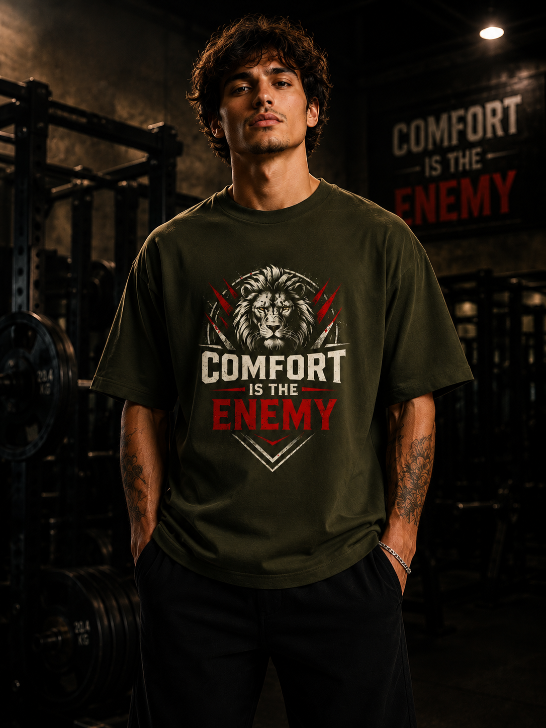 Person wearing a t-shirt with 'Comfort is the Enemy' graphic in a gym setting