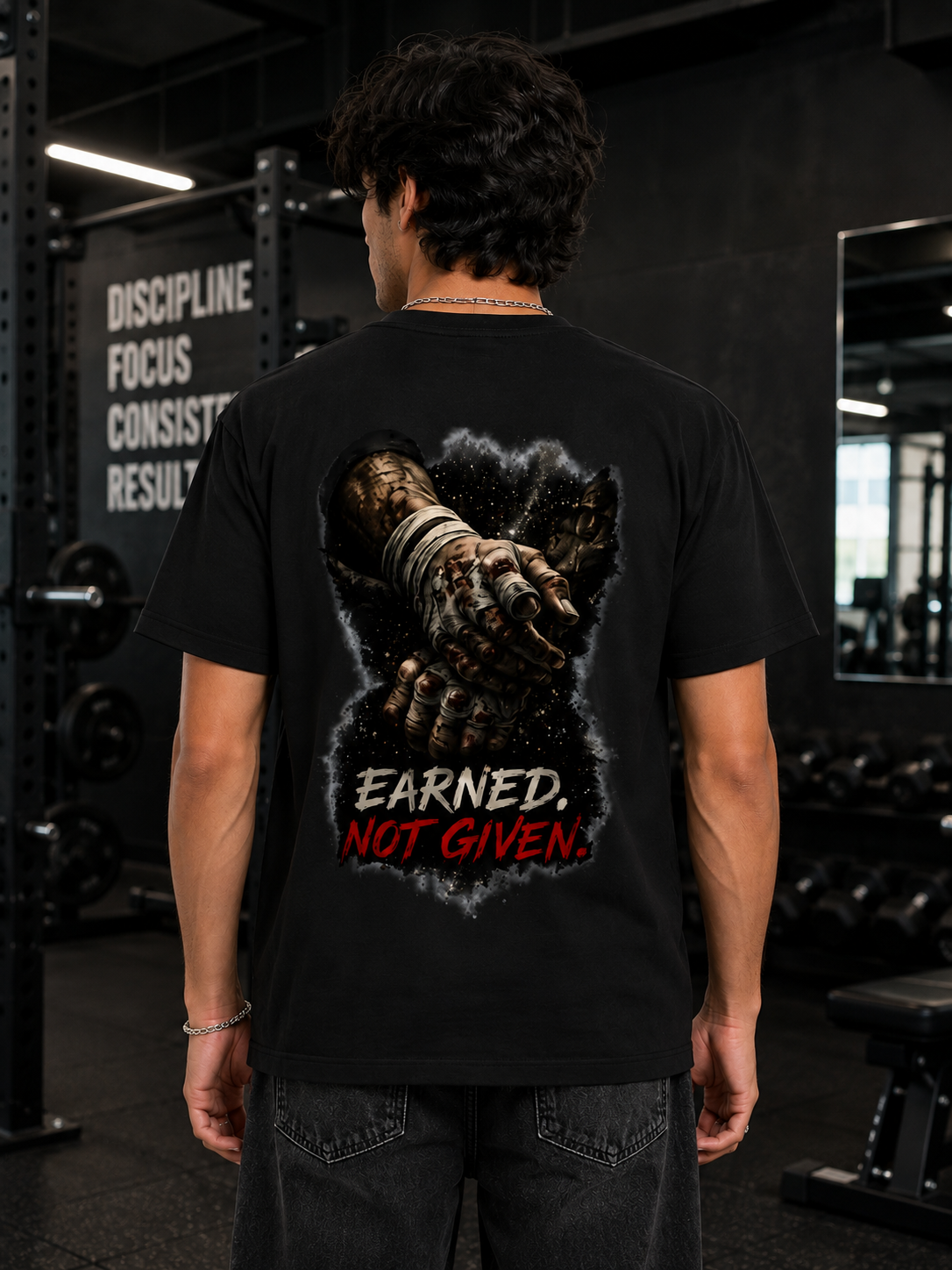 Person wearing a black t-shirt with a graphic design and text in a gym setting