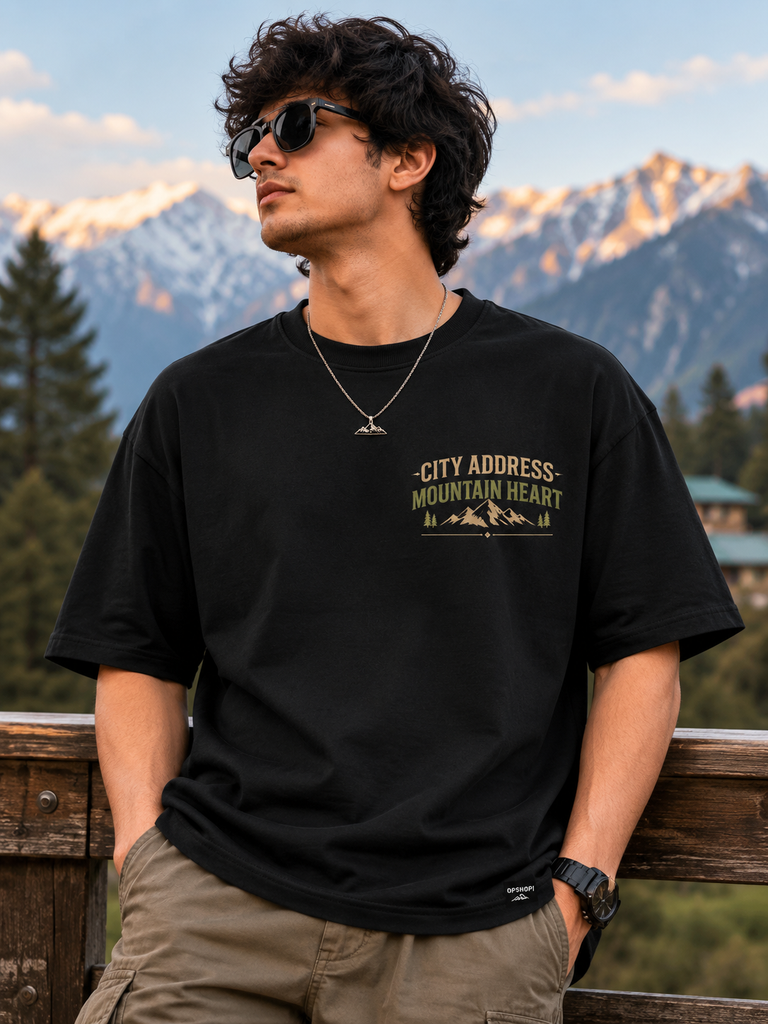 Person wearing a black t-shirt with text and graphics, standing in front of mountains.