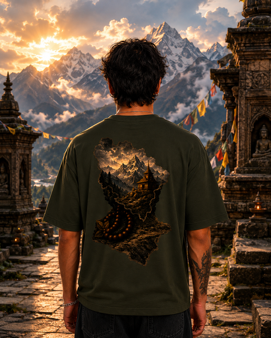 Person wearing a t-shirt with a mountain design in front of temple ruins and mountains.