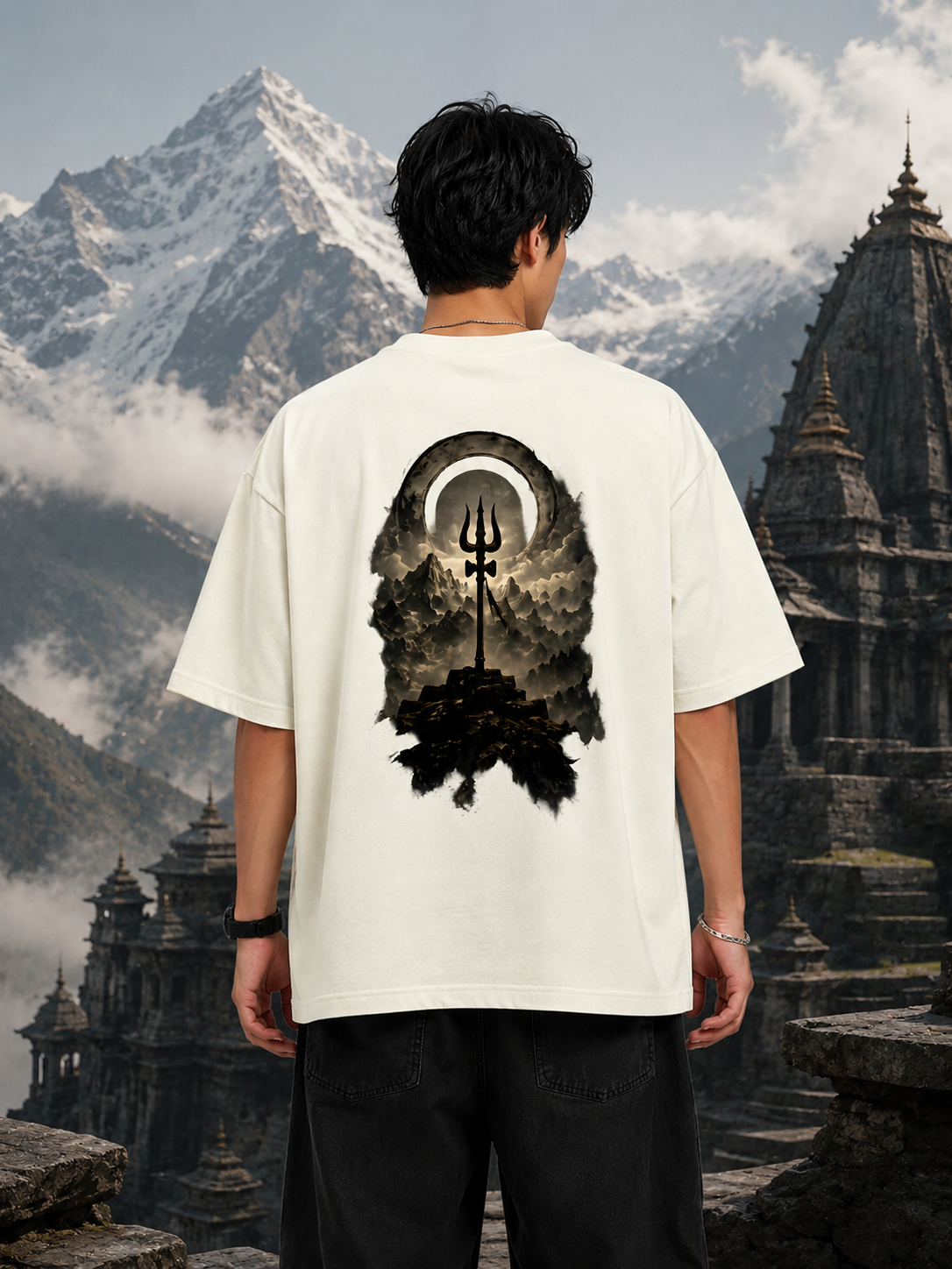 Person wearing a white t-shirt with a black design of a temple and trident, standing in front of mountainous and architectural landscapes.