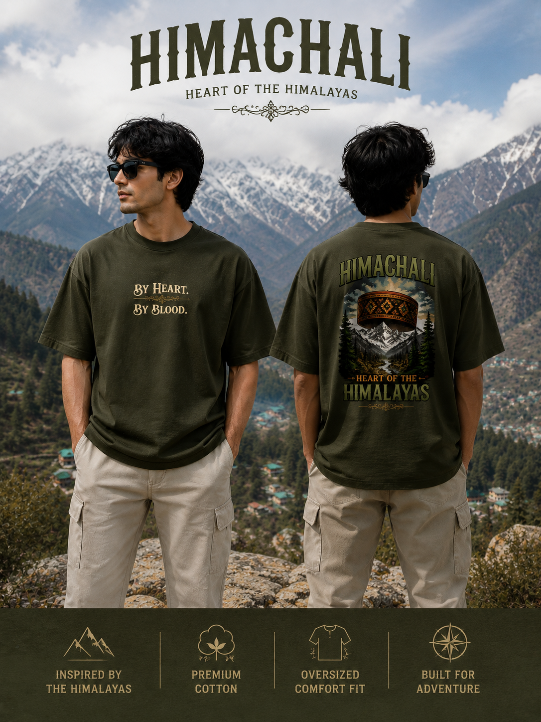 Two people wearing green t-shirts with mountainous landscape in the background