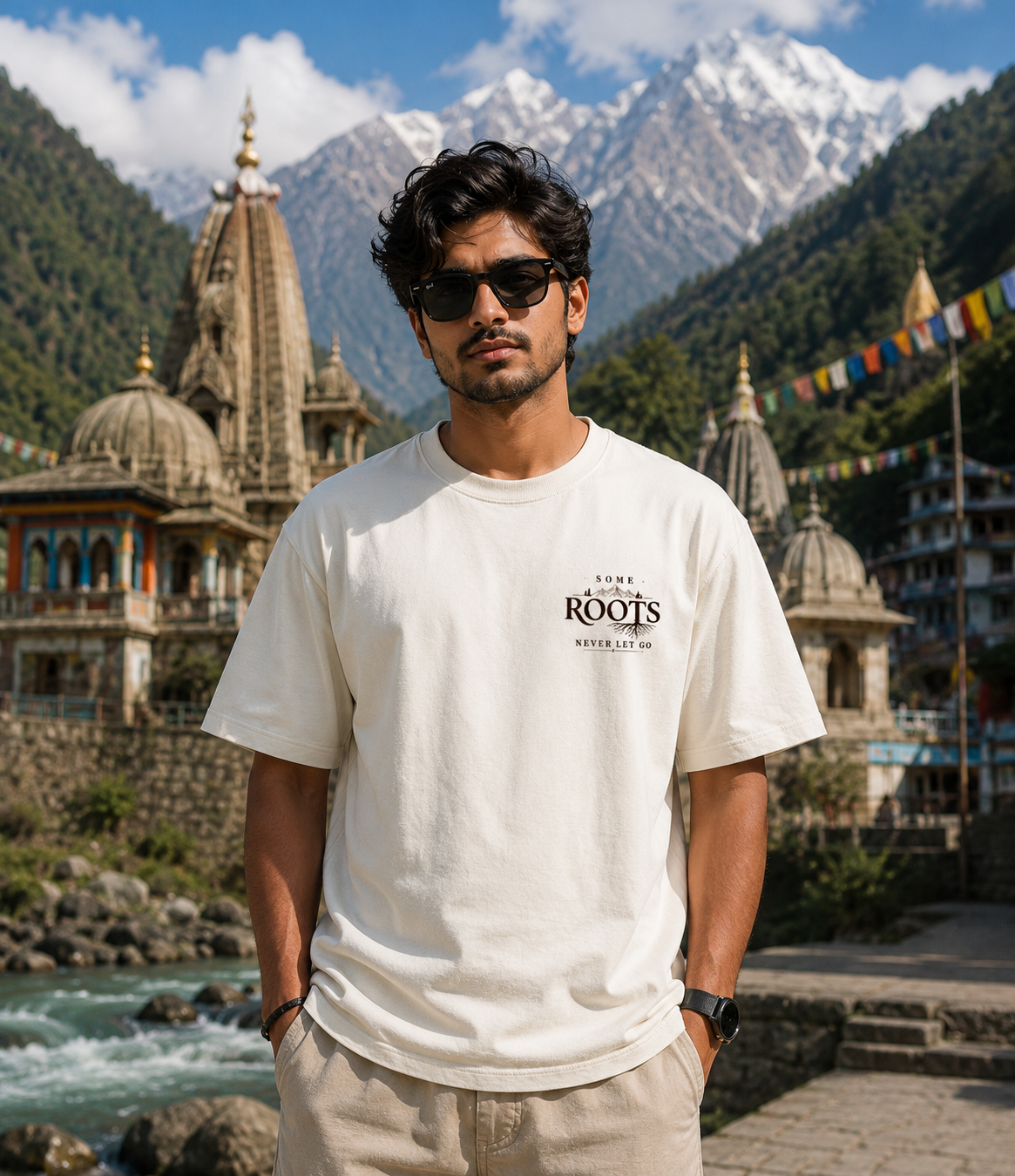 Man wearing a white t-shirt with text standing in front of mountainous landscape with temples and a river.