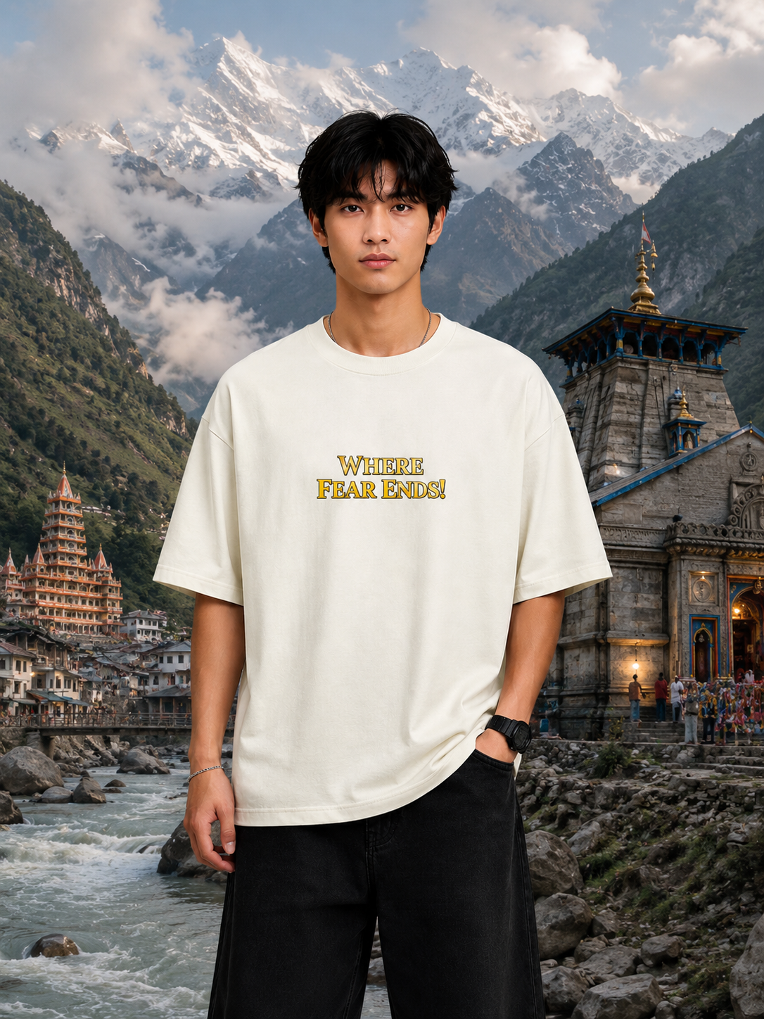 Person wearing a white t-shirt with text in front of a mountainous landscape with temples.