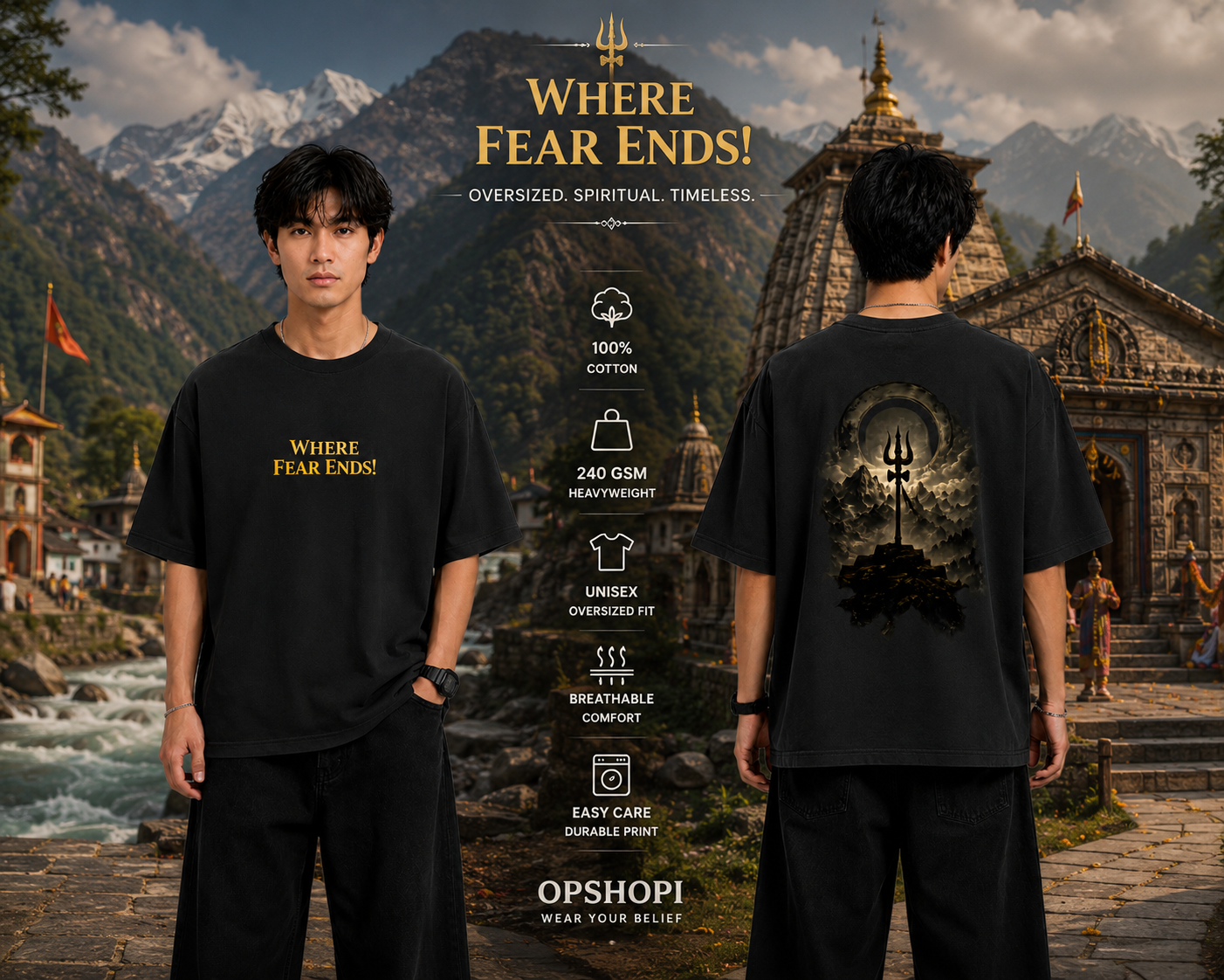 Person wearing a black t-shirt with 'Where Fear Ends' text and mountainous background