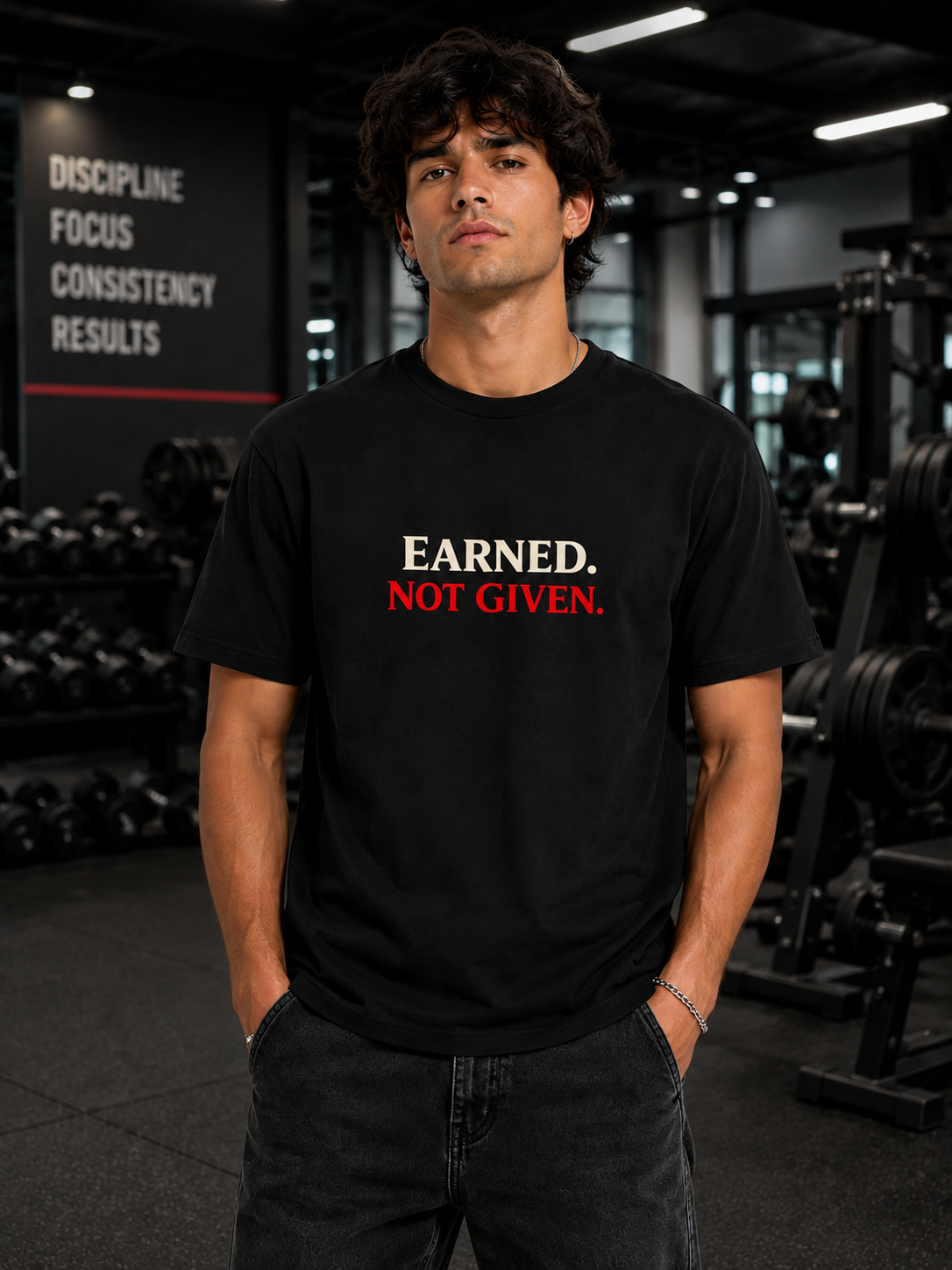 Person wearing a black t-shirt with 'Earned. Not Given.' text in a gym setting