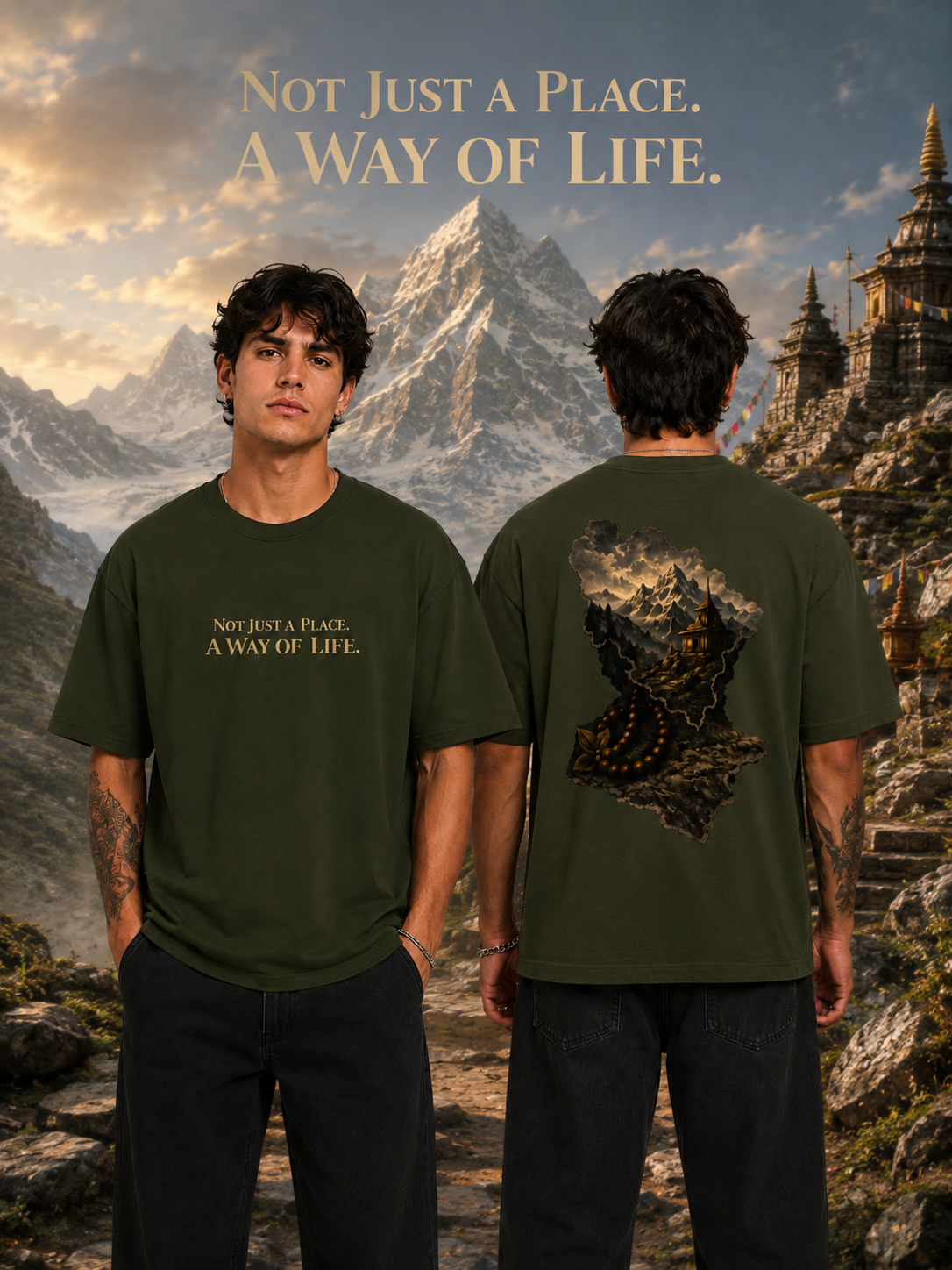 Two people wearing green t-shirts with a mountainous landscape and text in the background.