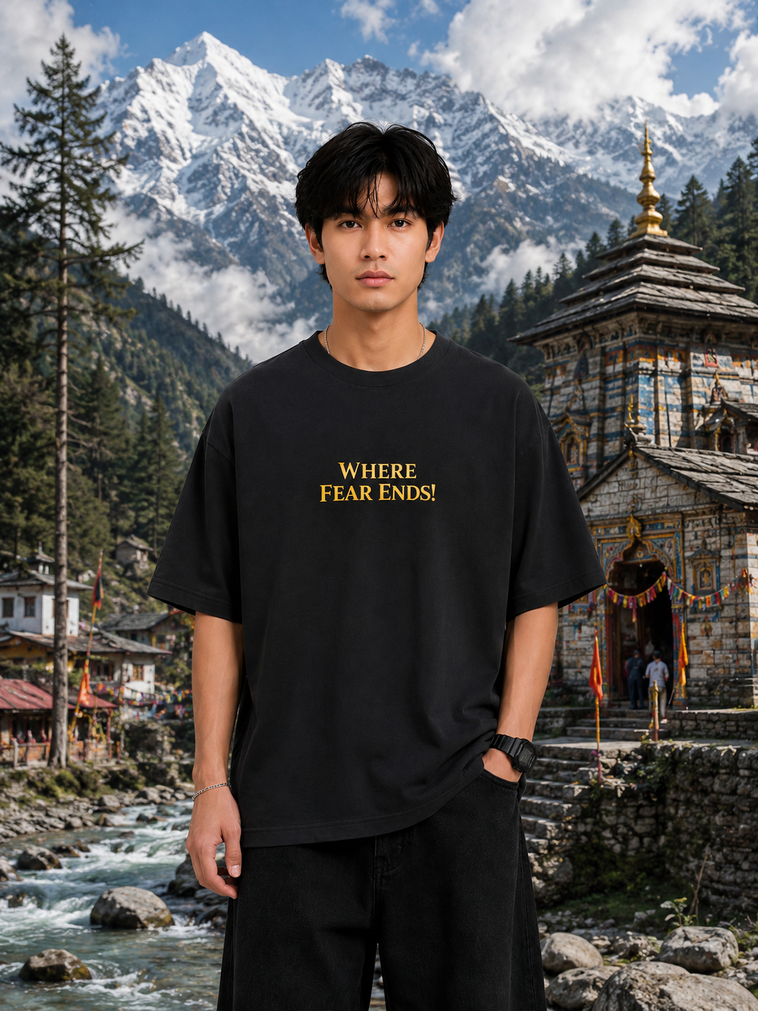 Person wearing a black t-shirt with 'WHERE FEAR ENDS' text in gold, standing in front of a mountainous landscape with a temple.