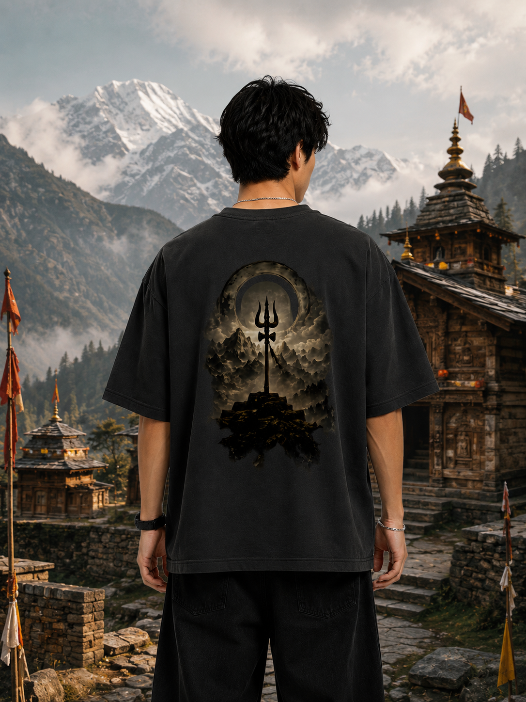 Person wearing a black t-shirt with a symbol in front of a mountainous temple landscape