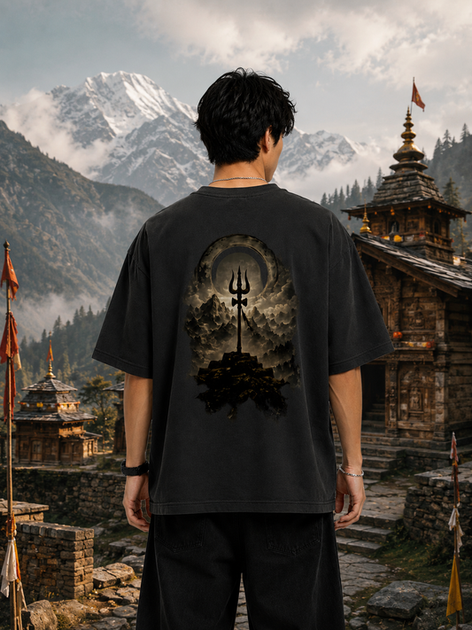 Person wearing a black t-shirt with a symbol in front of a mountainous temple landscape