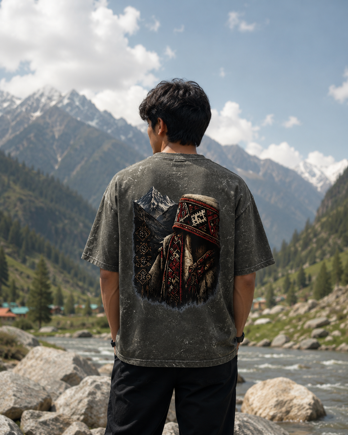 Himachali Heritage Acid-Washed Oversized T-Shirt – Unisex