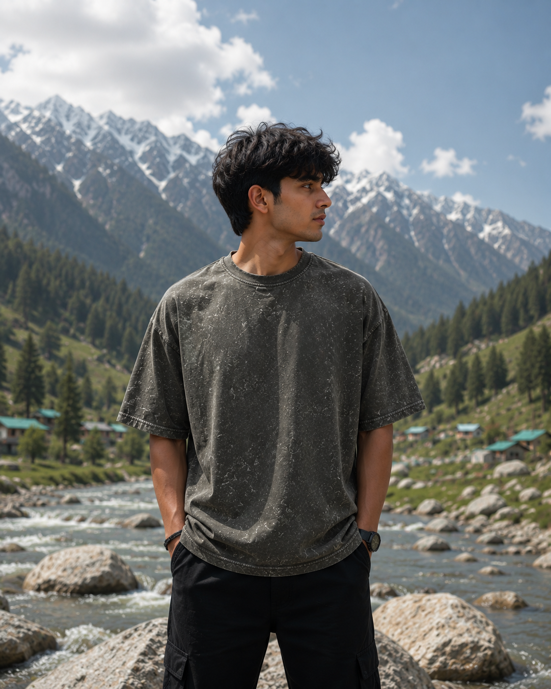 Himachali Heritage Acid-Washed Oversized T-Shirt – Unisex