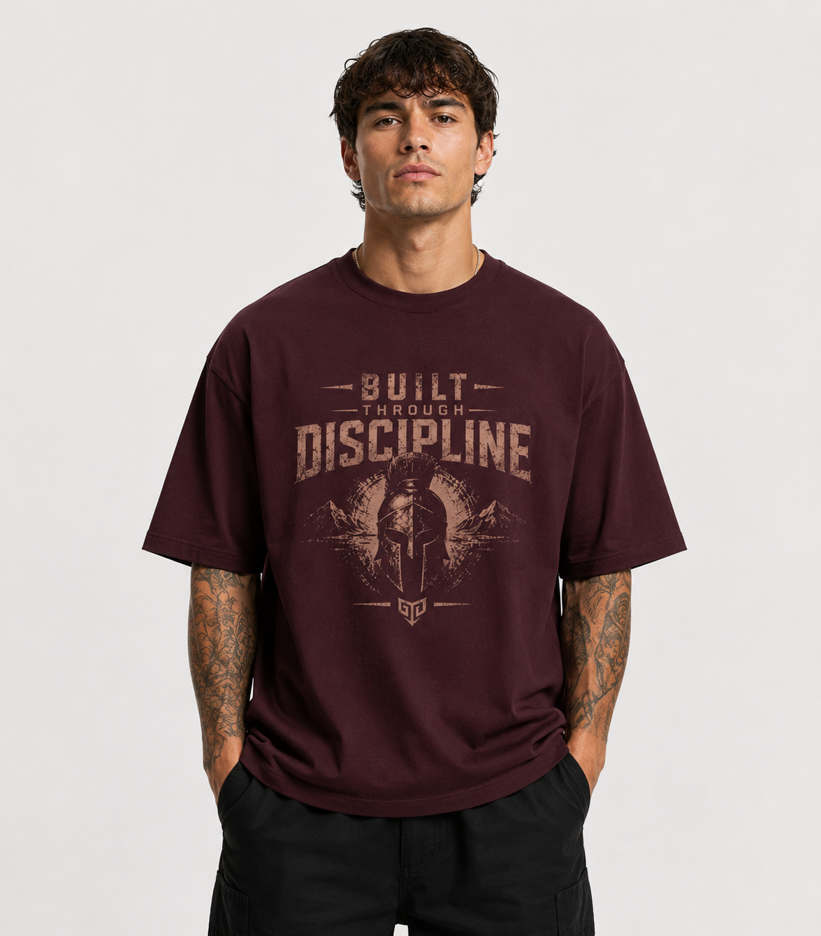 Man wearing a maroon t-shirt with 'Built Through Discipline' text and graphic on a white background