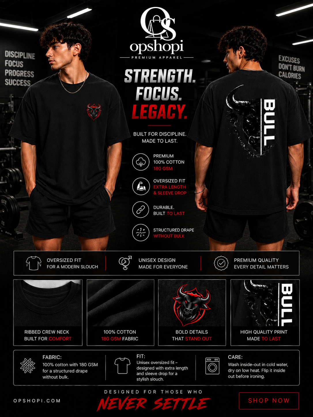 Two men wearing black t-shirts with branding and text on a dark background