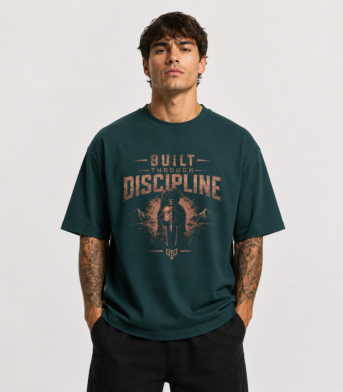 Man wearing a green t-shirt with 'Built Through Discipline' text and graphic design on a plain background