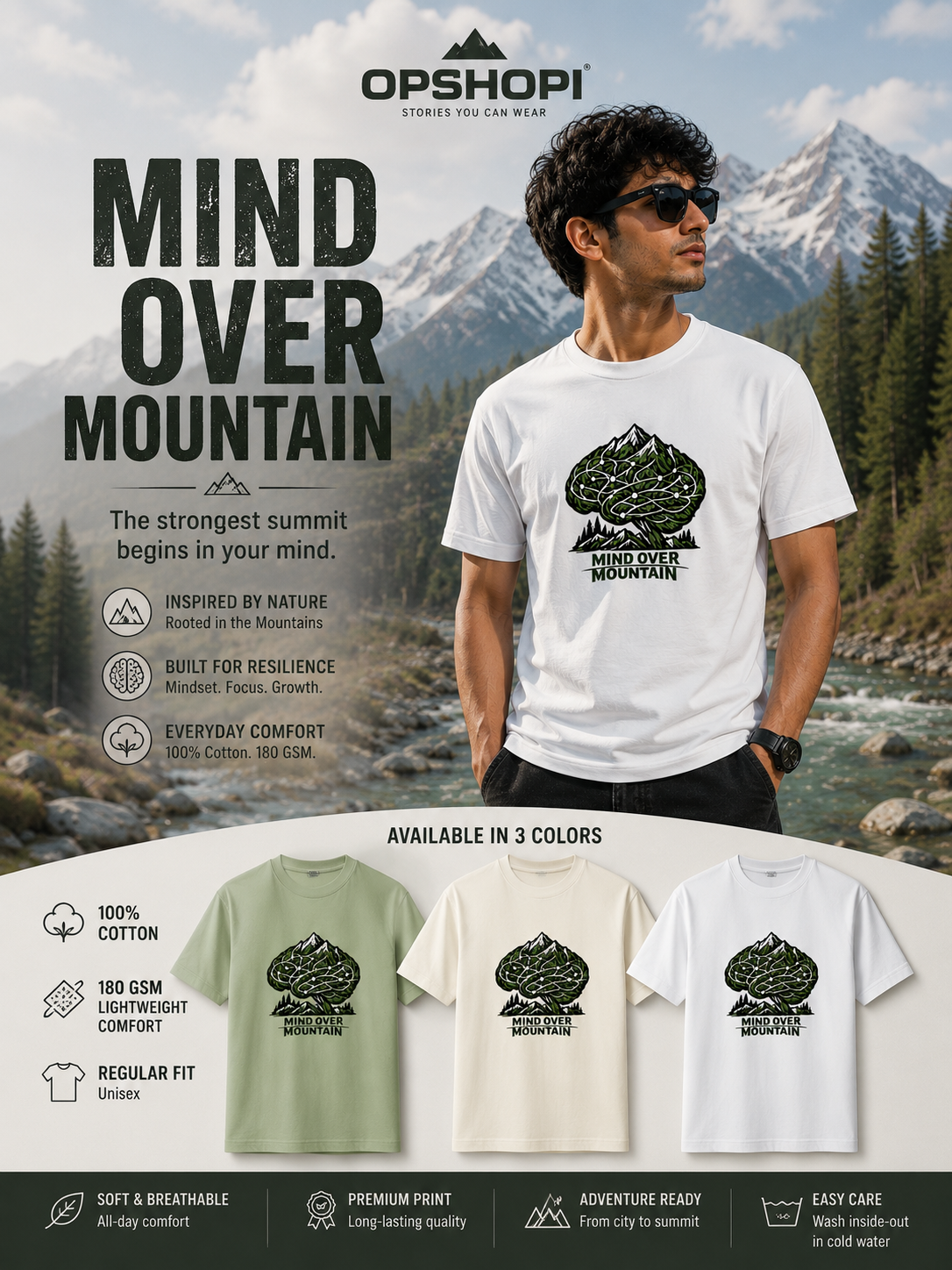 Mind Over Mountain™ Premium Graphic T-Shirt | 100% Cotton 180 GSM | Regular Fit | OPSHOPI