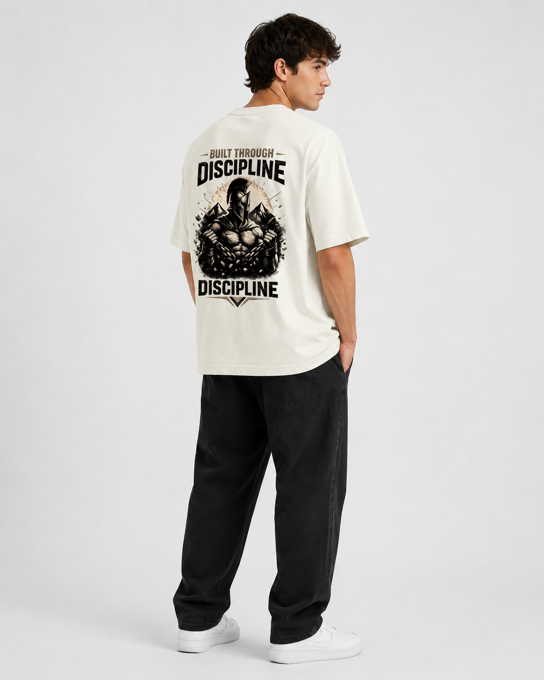 Person wearing a white t-shirt with a graphic and text on the back, standing against a plain background.