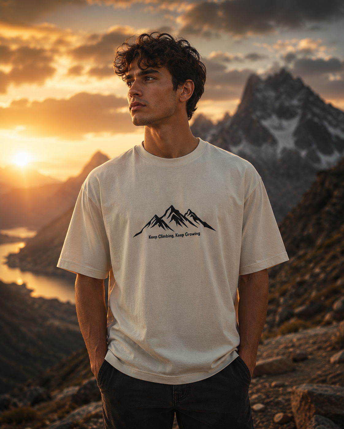 Man wearing a white t-shirt with a mountain design in a mountainous landscape during sunset.