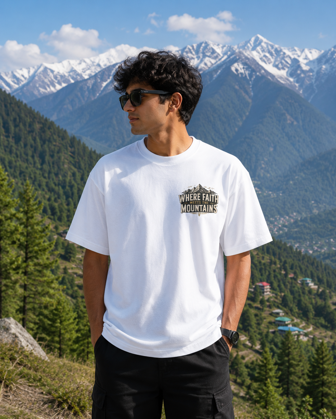 Person wearing a white t-shirt with text standing in front of mountains