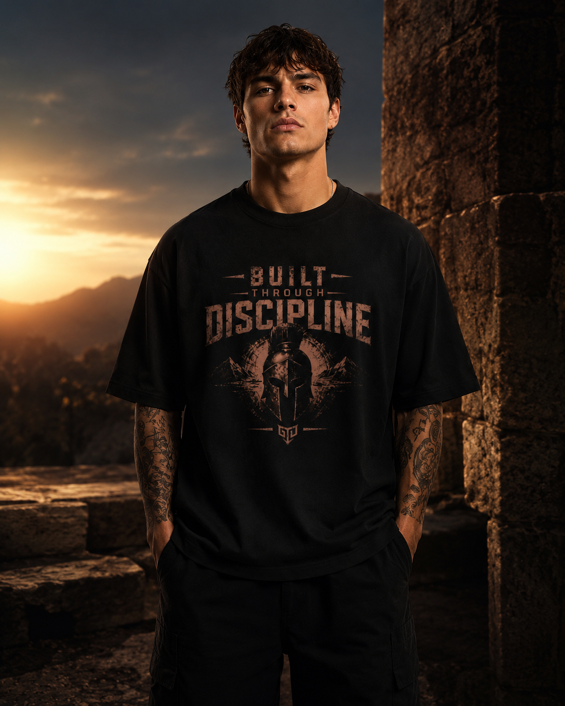 Man wearing a black t-shirt with 'Built Through Discipline' text and graphic, standing in a scenic location with sunset.