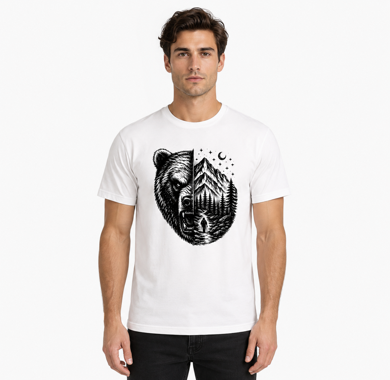 Man wearing a white t-shirt with a bear and forest design on a white background
